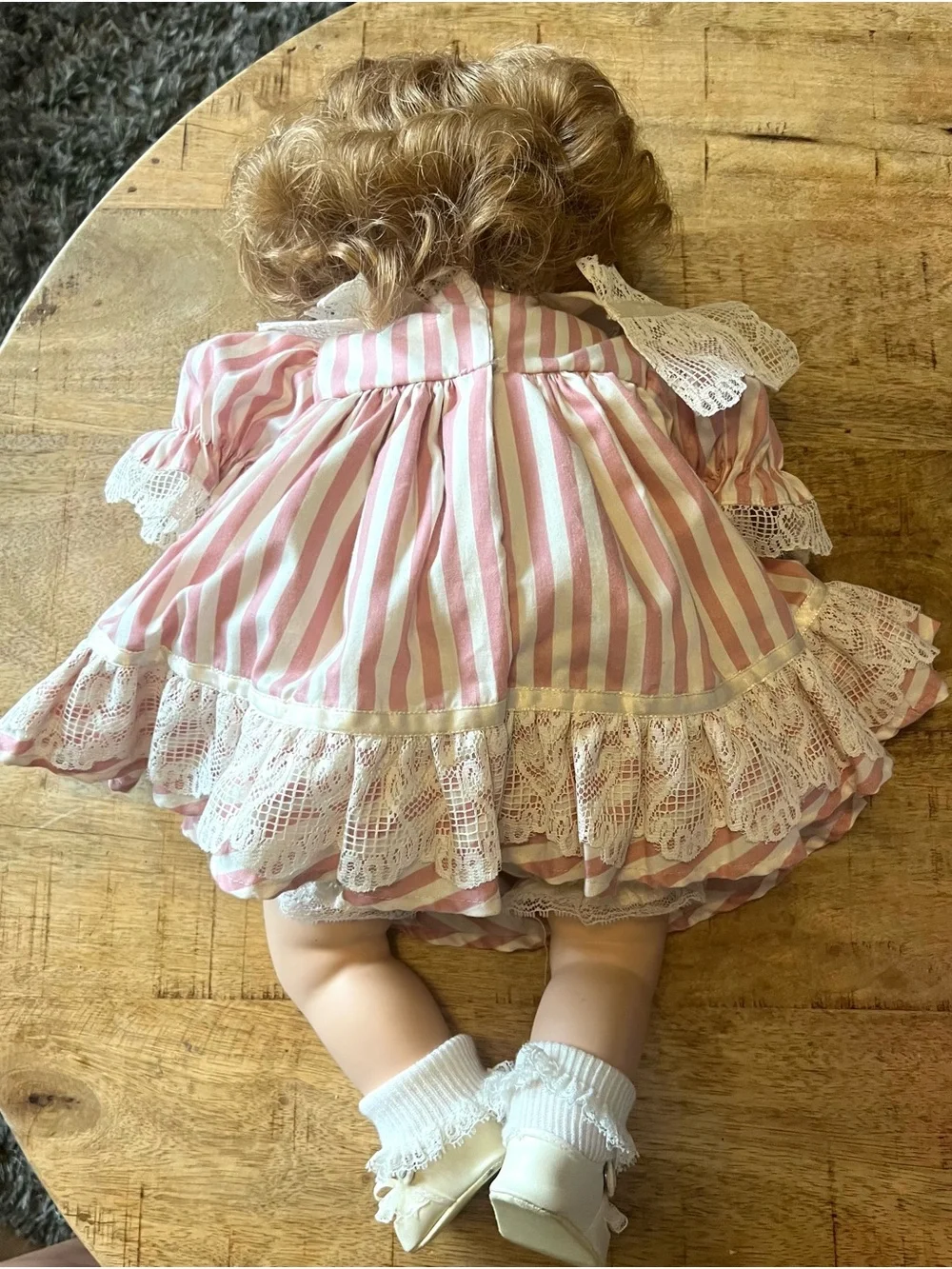 Dolls by Jerri 1990 Baby Doll in Pink & White Striped Lace Dress 20”